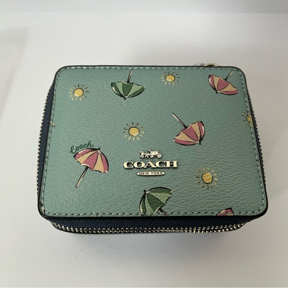 Coach Green Umbrella Print Zip Wallet with Pink and Yellow Details